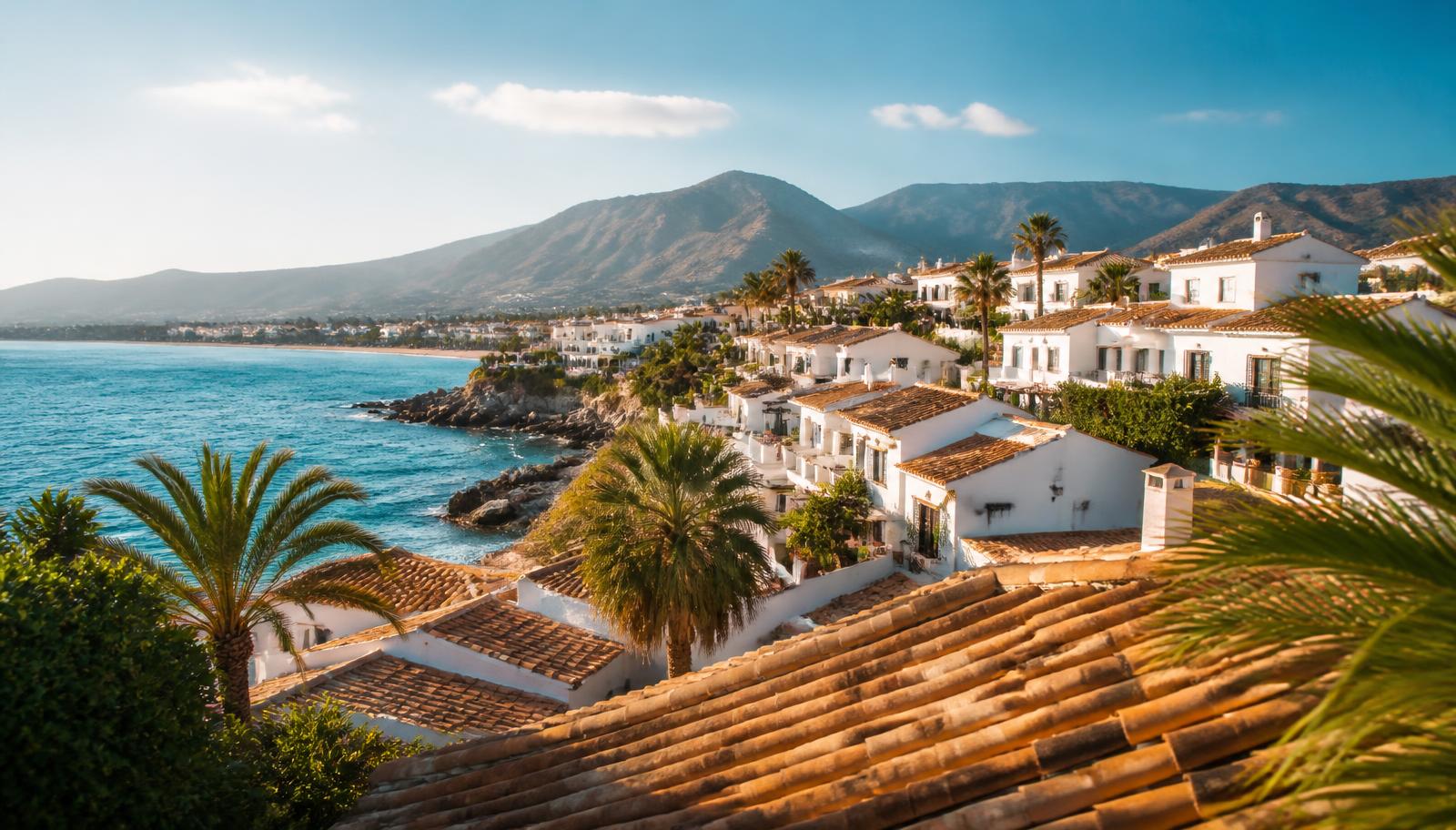 Svensk kustby i Spanien med vita hus och palmer